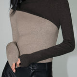 Asymmetric Patchwork Long Sleeve Mock Neck Knit Top