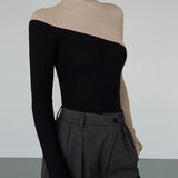 Asymmetric Patchwork Long Sleeve Mock Neck Knit Top