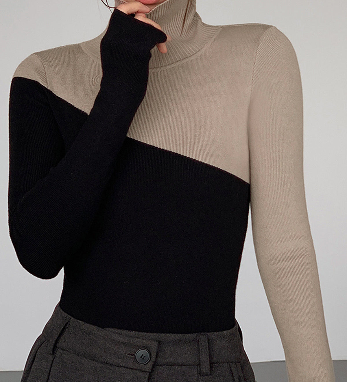 Asymmetric Patchwork Long Sleeve Mock Neck Knit Top