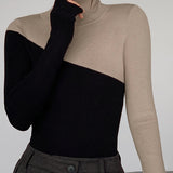 Asymmetric Patchwork Long Sleeve Mock Neck Knit Top