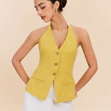 Cotton & Linen Halter Top With Decor Pocket