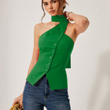 Халтерен топ от памук и лен с декорирани джобове