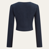 Ribbed Crew Neck Metal Button Blouse