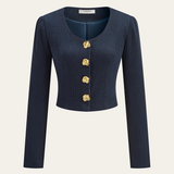 Ribbed Crew Neck Metal Button Blouse