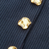 Ribbed Crew Neck Metal Button Blouse