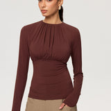 Ruched Long Sleeve Round Neck Knit Blouse