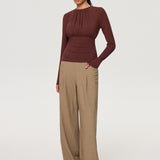 Ruched Long Sleeve Round Neck Knit Blouse