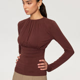 Ruched Long Sleeve Round Neck Knit Blouse