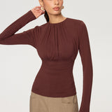Ruched Long Sleeve Round Neck Knit Blouse