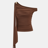 Ruched Off-shoulder Top with Metal Decor