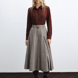 Панталони с висока талия и колан в houndstooth десен с широки крачоли