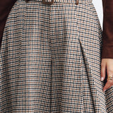 Панталони с висока талия и колан в houndstooth десен с широки крачоли