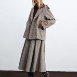 Панталони с висока талия и колан в houndstooth десен с широки крачоли