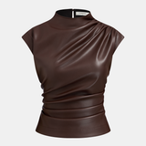 Mock Neck Ruched Cap-Sleeve Faux Leather Top