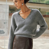 V-Neck Lace-Trim Knit Sweater