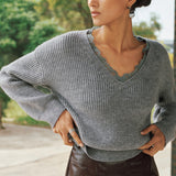 V-Neck Lace-Trim Knit Sweater