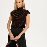 Velvet Mock-Neck Draped Cap-Sleeve Crop Top