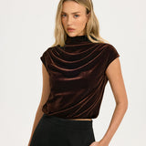 Velvet Mock-Neck Draped Cap-Sleeve Crop Top