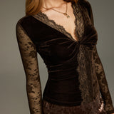 Velvet V-Neck Lace Panel Twisted Top