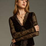 Velvet V-Neck Lace Panel Twisted Top