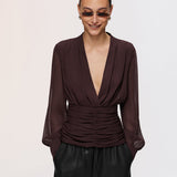 Semi-Sheer Ruched Deep V-Neck Blouse