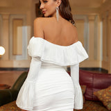 Дълга ръкавица с ръкави Off Shoulder Bodycon рокля с руширан дизайн