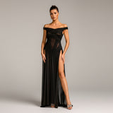 Черна макси рокля Cylora с ръкави Off Shoulder и катарама