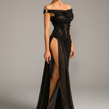 Черна макси рокля Cylora с ръкави Off Shoulder и катарама