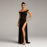 Черна макси рокля Cylora с ръкави Off Shoulder и катарама