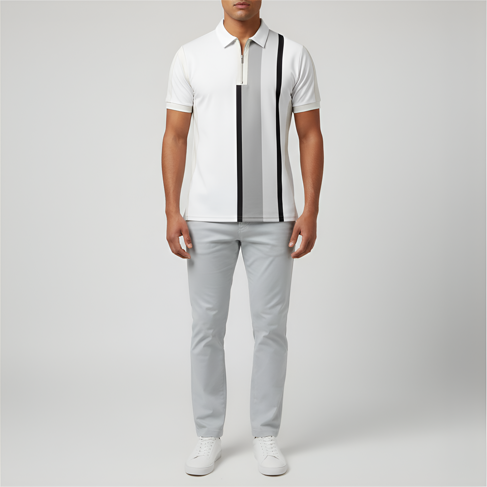 Мъжка поло тениска с цип – къс ръкав, slim fit, райета