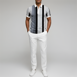 Мъжка поло тениска с цип – къс ръкав, slim fit, райета