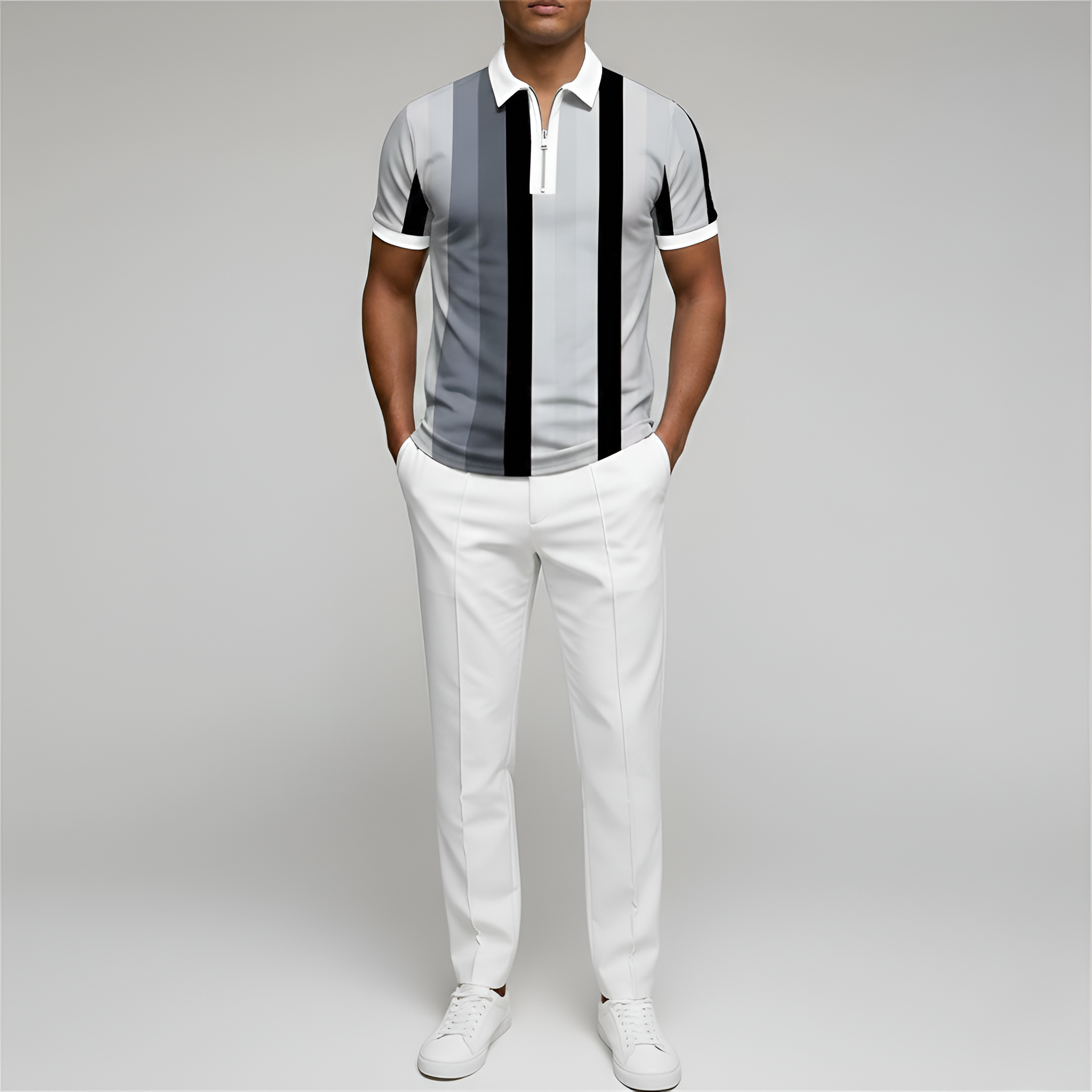 Мъжка поло тениска с цип – къс ръкав, slim fit, райета