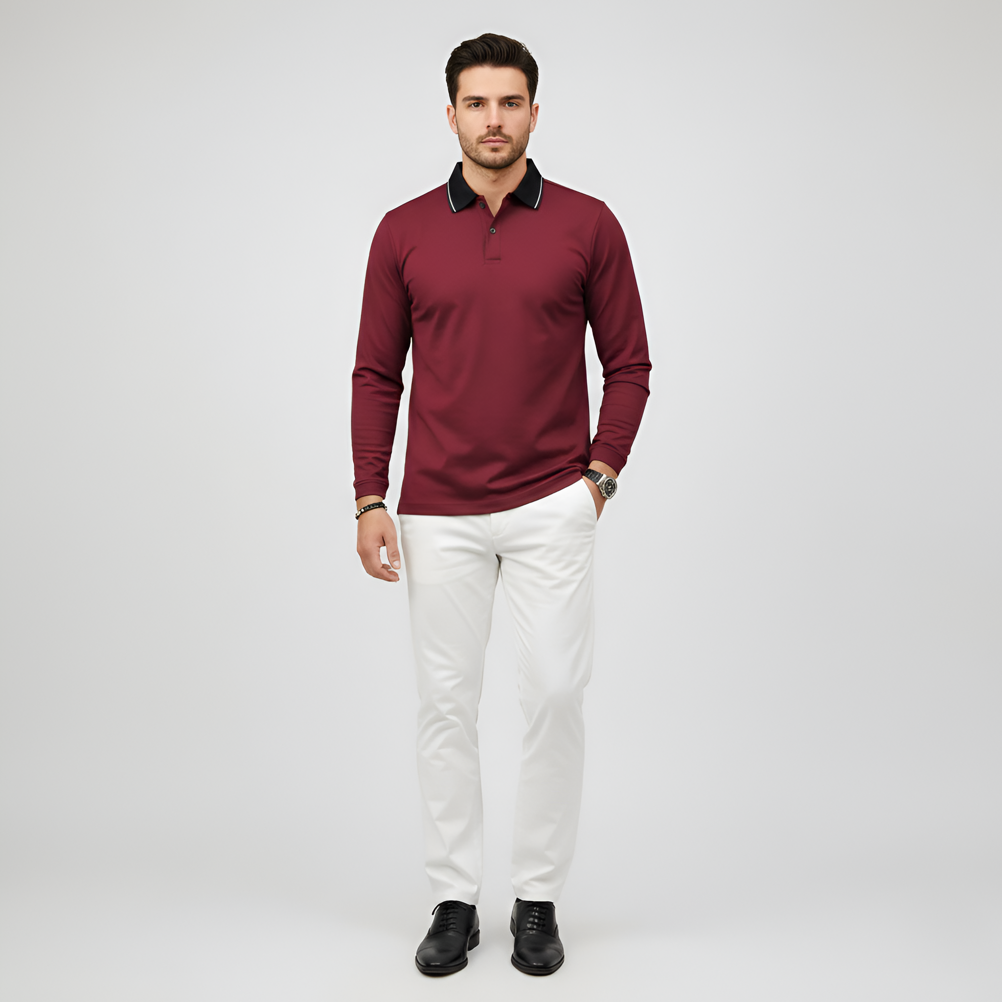 Мъжко памучно поло с дълги ръкави и slim fit кройка