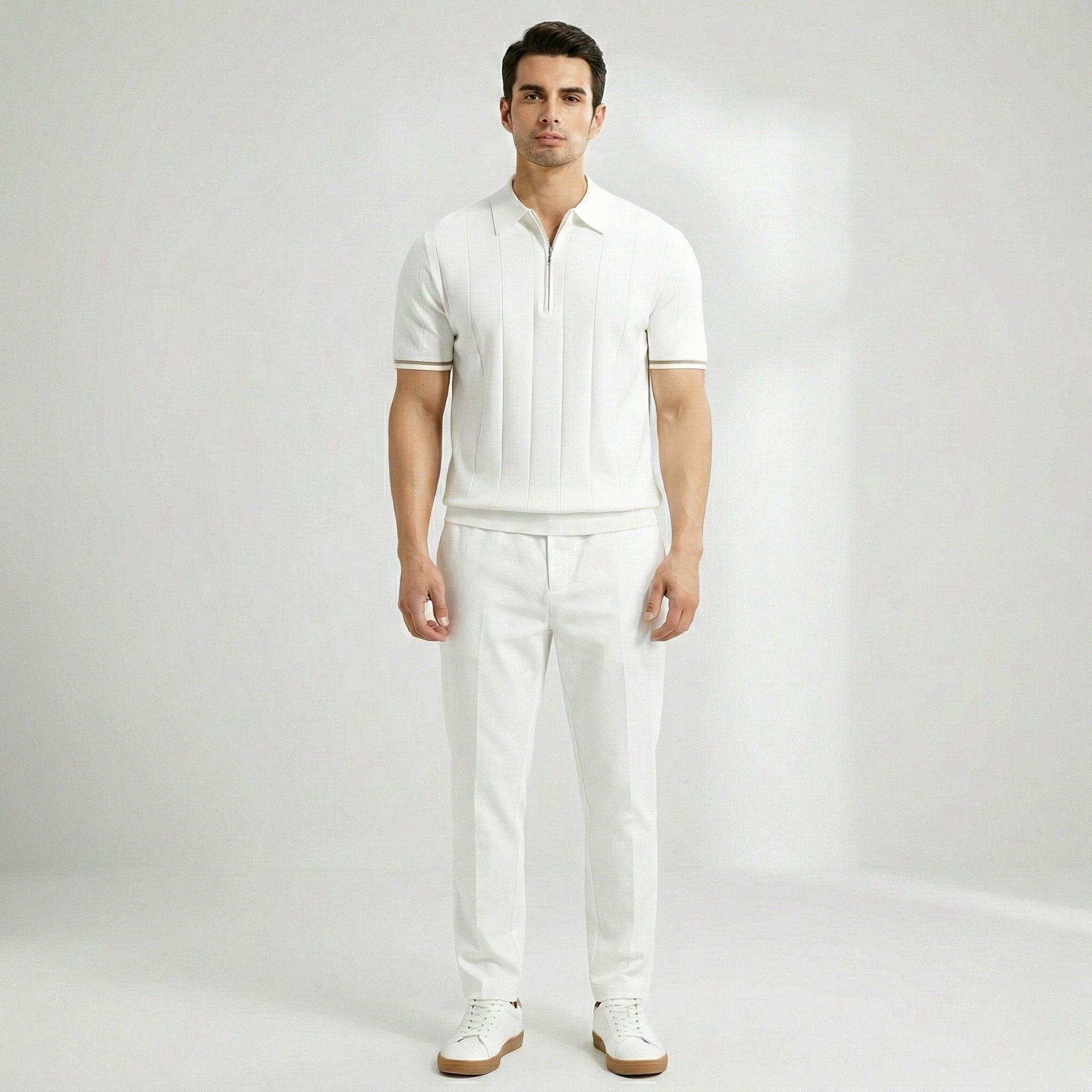 Мъжка полоширт с къс ръкав, цип и класическа яка, в slim fit стил