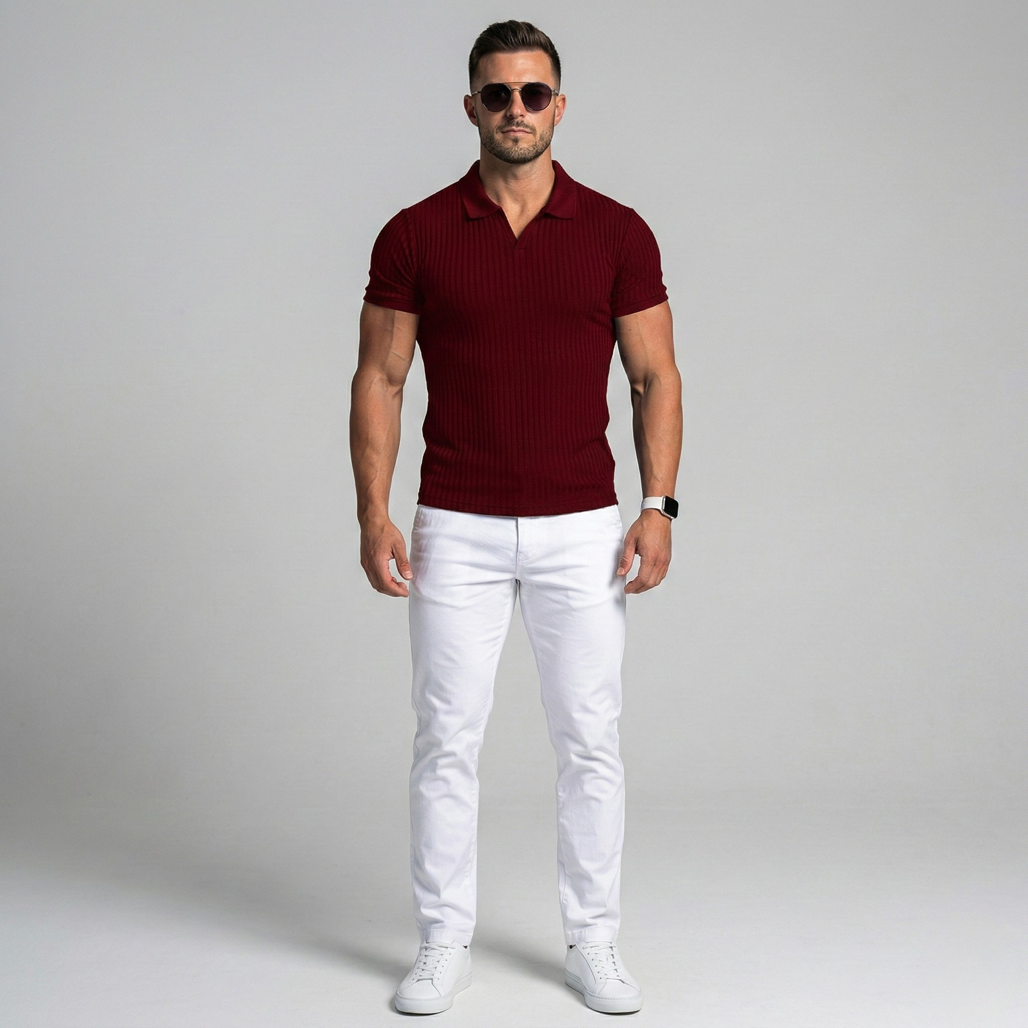 Мъжка поло тениска с рибена текстура и къс ръкав, slim fit