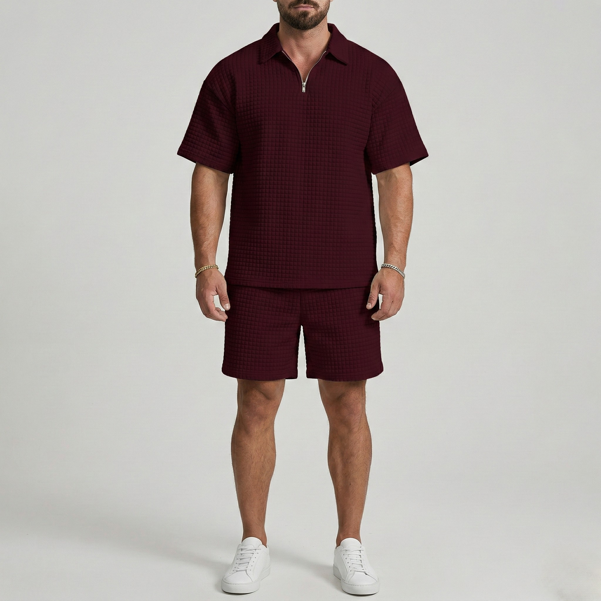 Мъжки комплект с поло и шорти с цип в структурирана casual fit