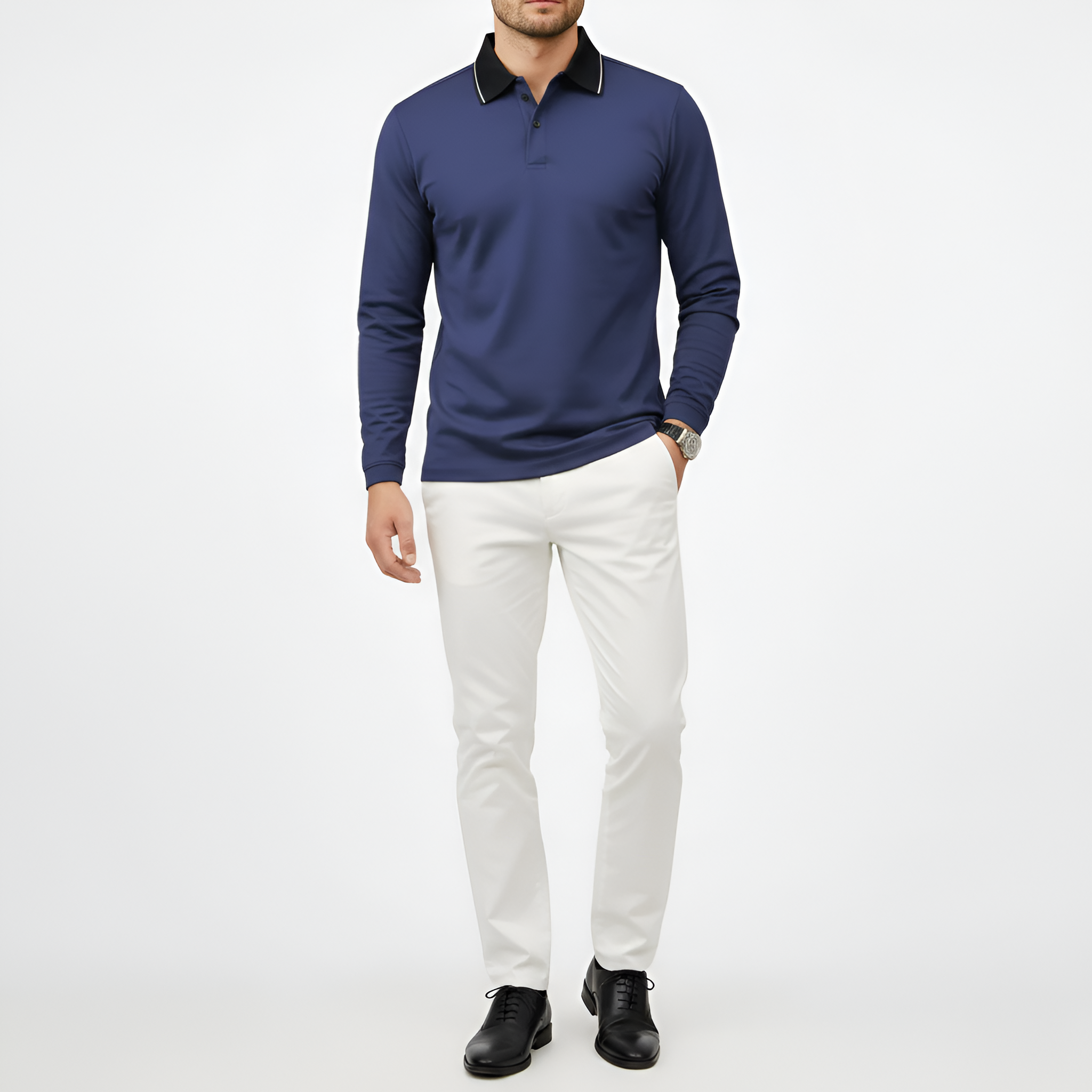 Мъжко памучно поло с дълги ръкави и slim fit кройка