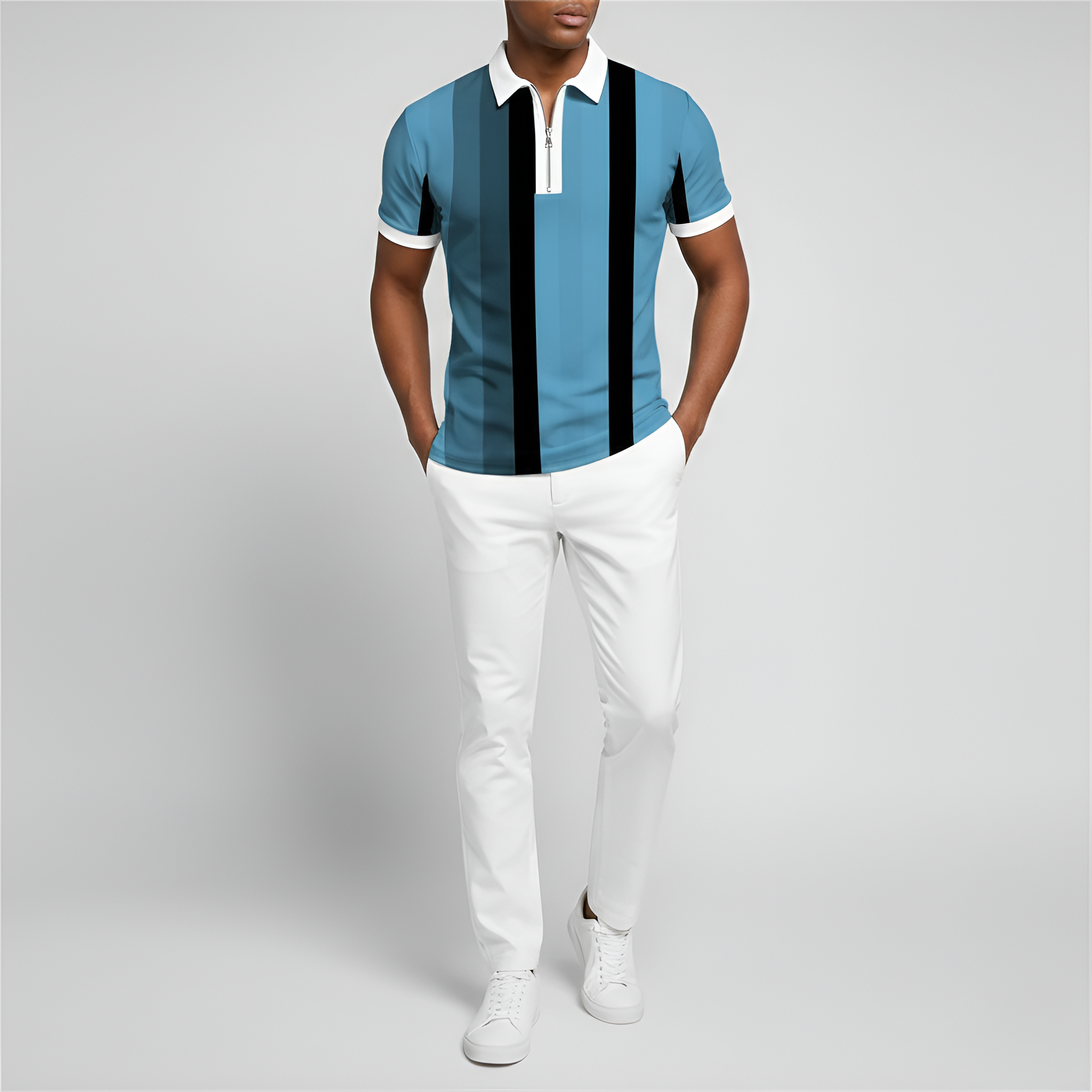 Мъжка поло тениска с цип – къс ръкав, slim fit, райета