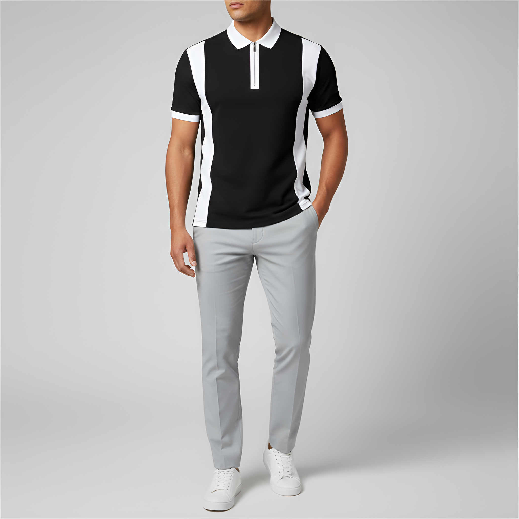 Мъжка поло тениска с цип – къс ръкав, slim fit, райета