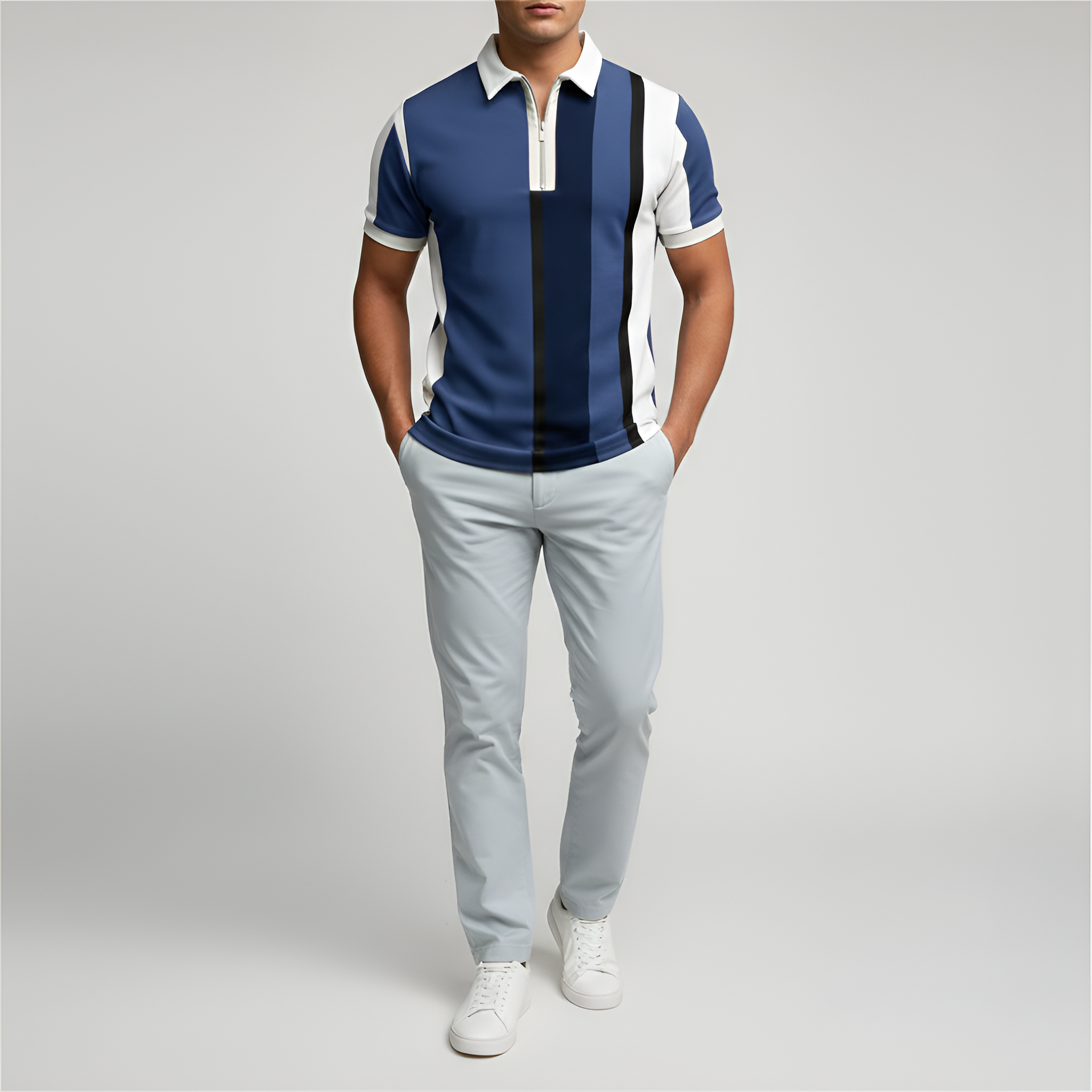 Мъжка поло тениска с цип – къс ръкав, slim fit, райета