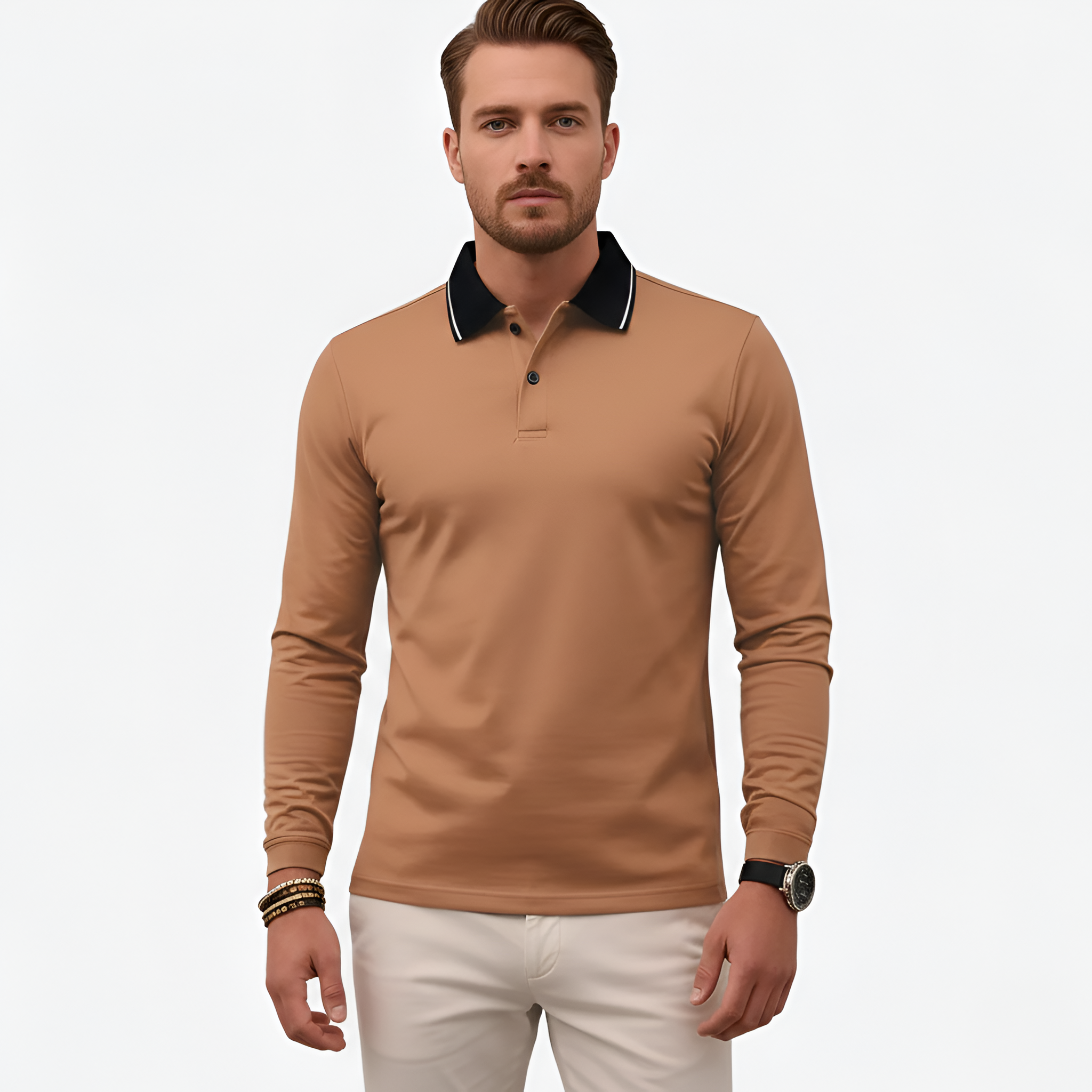 Мъжко памучно поло с дълги ръкави и slim fit кройка