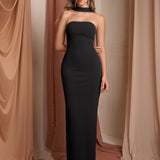 Дълга Bodycon рокля с халтер и цепка