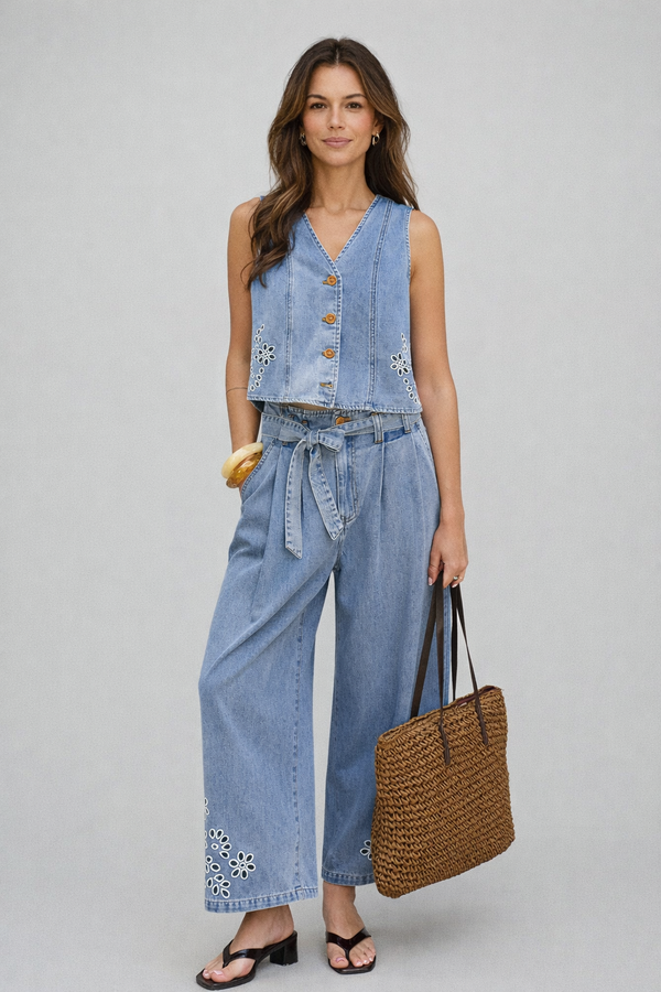 Деним панталони с бродерия и връзка на талията