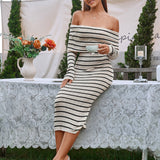 Bodycon рокля с открито рамо и контрастно плетиво