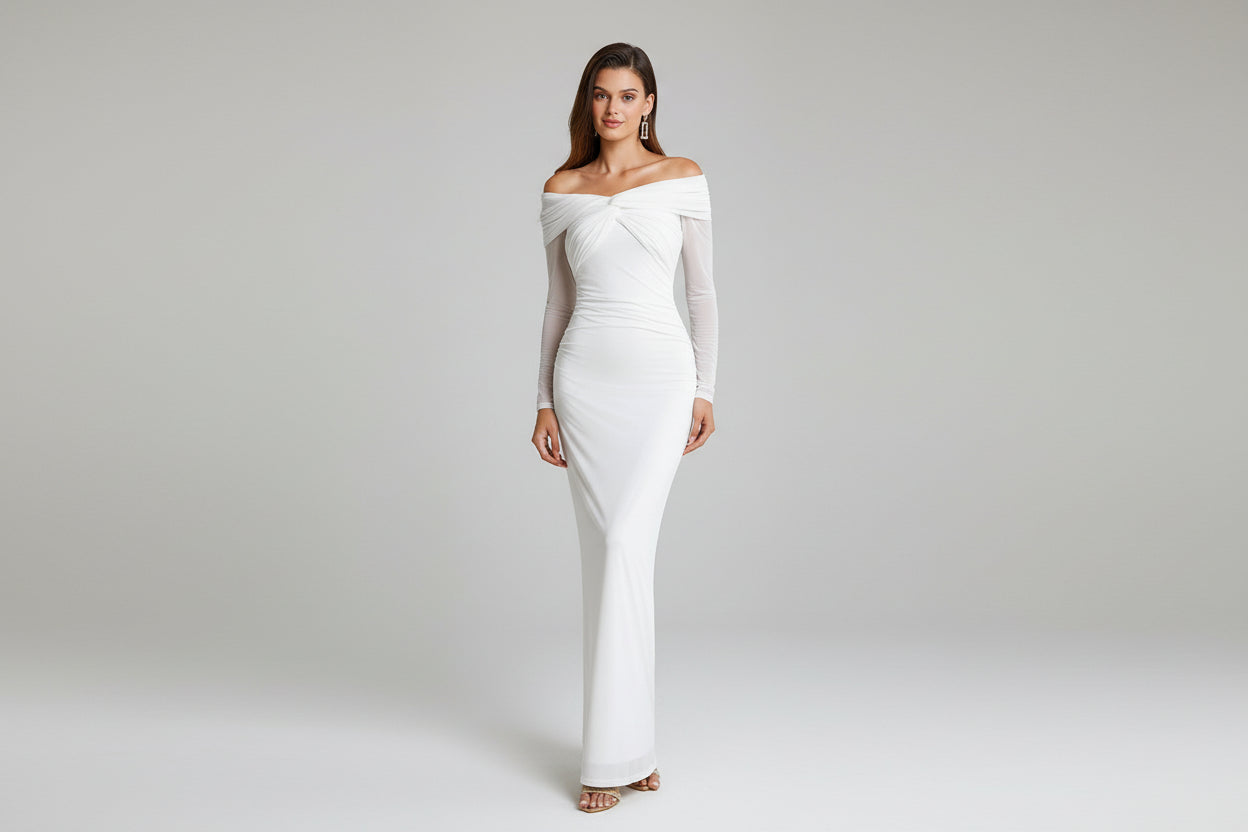 Рокля с ръкави "Off Shoulder" и намачкан ефект