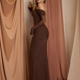 Рокля с Off Shoulder дизайн и цип на гърба, дълги мрежести ръкави