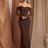 Рокля с Off Shoulder дизайн и цип на гърба, дълги мрежести ръкави
