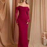 Рокля с Off Shoulder дизайн и цип на гърба, дълги мрежести ръкави