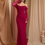 Рокля с Off Shoulder дизайн и цип на гърба, дълги мрежести ръкави