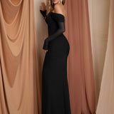 Рокля с Off Shoulder дизайн и цип на гърба, дълги мрежести ръкави